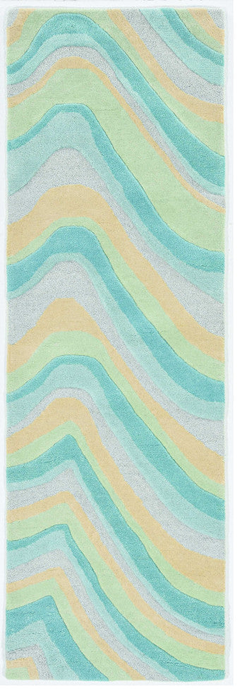 8' Ocean Blue Beige Hand Tufted Abstract Waves Indoor Runner Rug