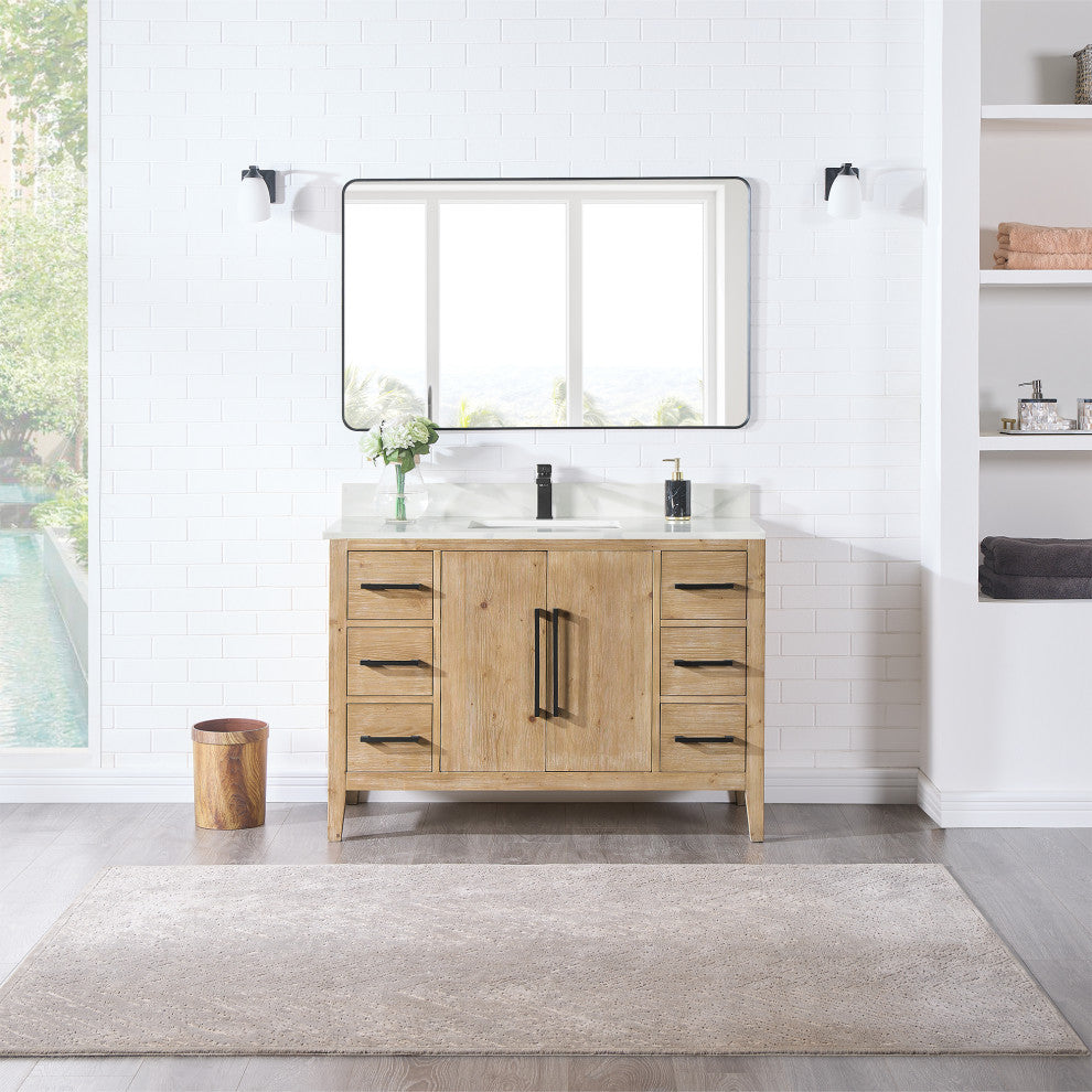 Laurel Bathroom Vanity with Calacatta White Quartz Stone Countertop, Weathered Fir, 48", With Mirror