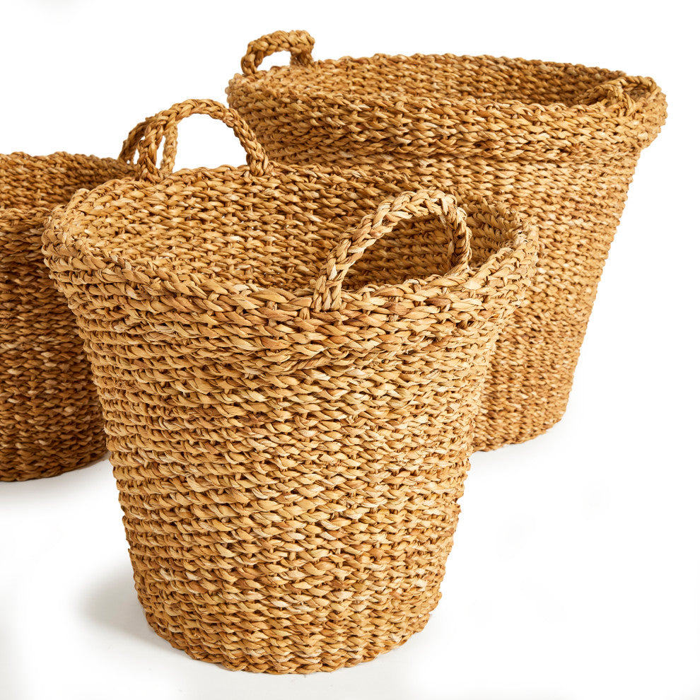 Set of 3 Woven Sea Grass Storage Baskets Tapered 18 16 14 in Natural Spa Towel