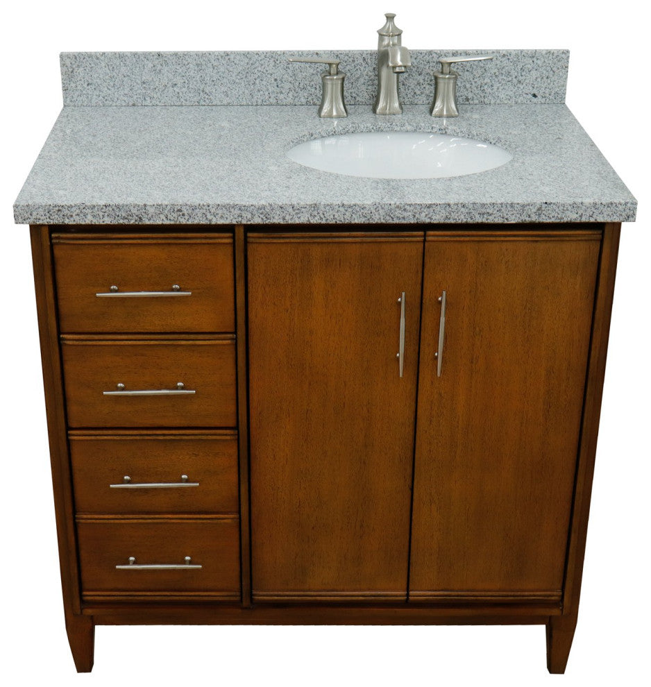 37" Single Vanity, Walnut Finish With Gray Granite