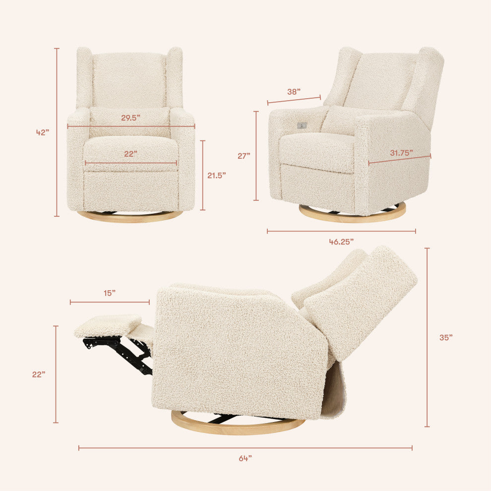 Kiwi Electronic Recliner and Swivel Glider With USB port, Almond Teddy Loop With Light Wood Base