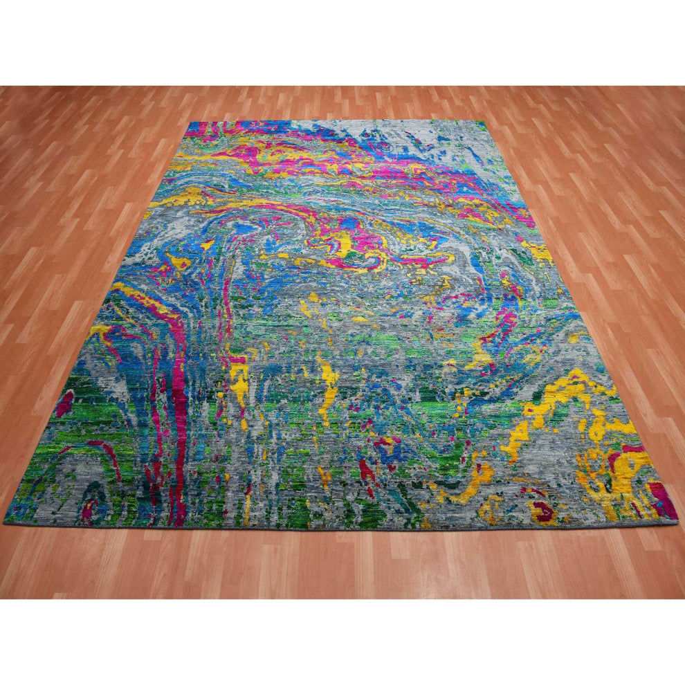 Gray Lava Design, Sari Silk With Wool Hand Knotted, Oriental Rug, 9'0"x11'9"