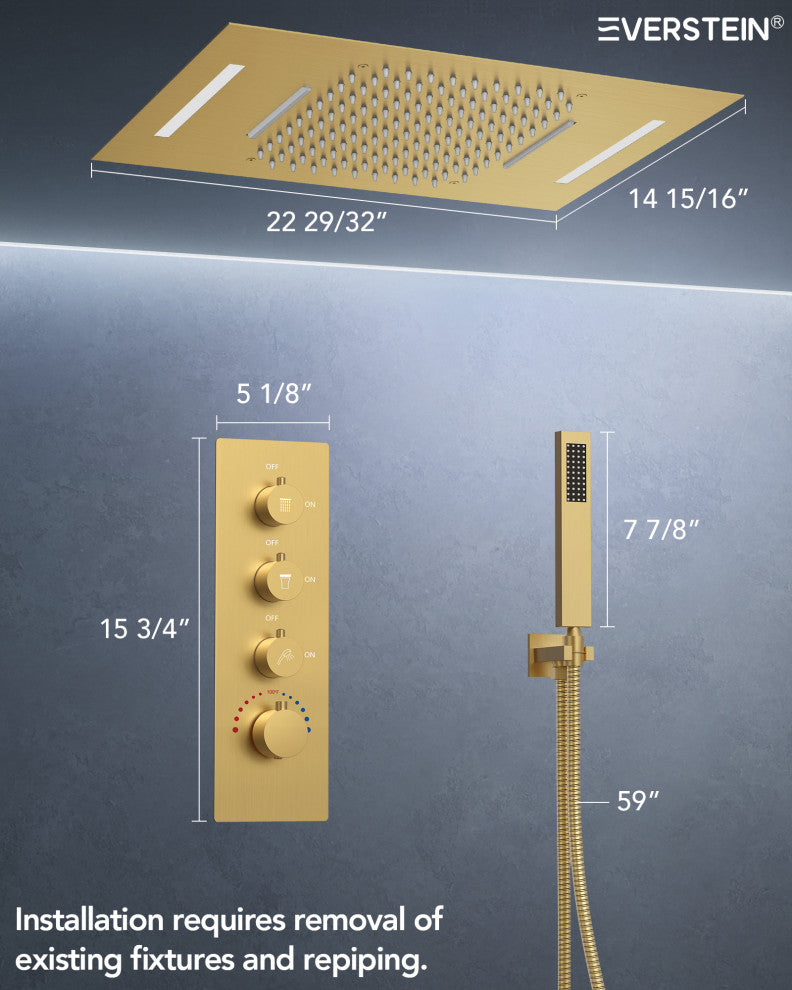 Thermostatic LED Shower System Rainfall Waterfall Shower Head w/ Hand Shower, Brushed Gold, 23 in.x 15 in.
