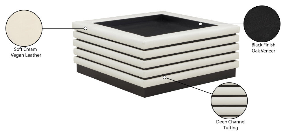 Rory Black Faux Leather Coffee Table, Cream, Square, Black Finish