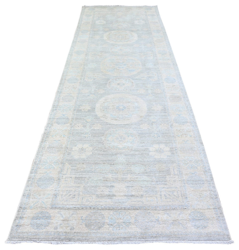 Gray White Wash Peshawar Wool Hand Knotted Runner Oriental Rug, 4'x12'2"