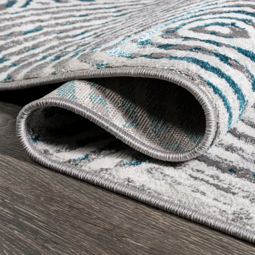 Timeworn Modern Abstract Area Rug, Gray/Turquoise, 2'x10'