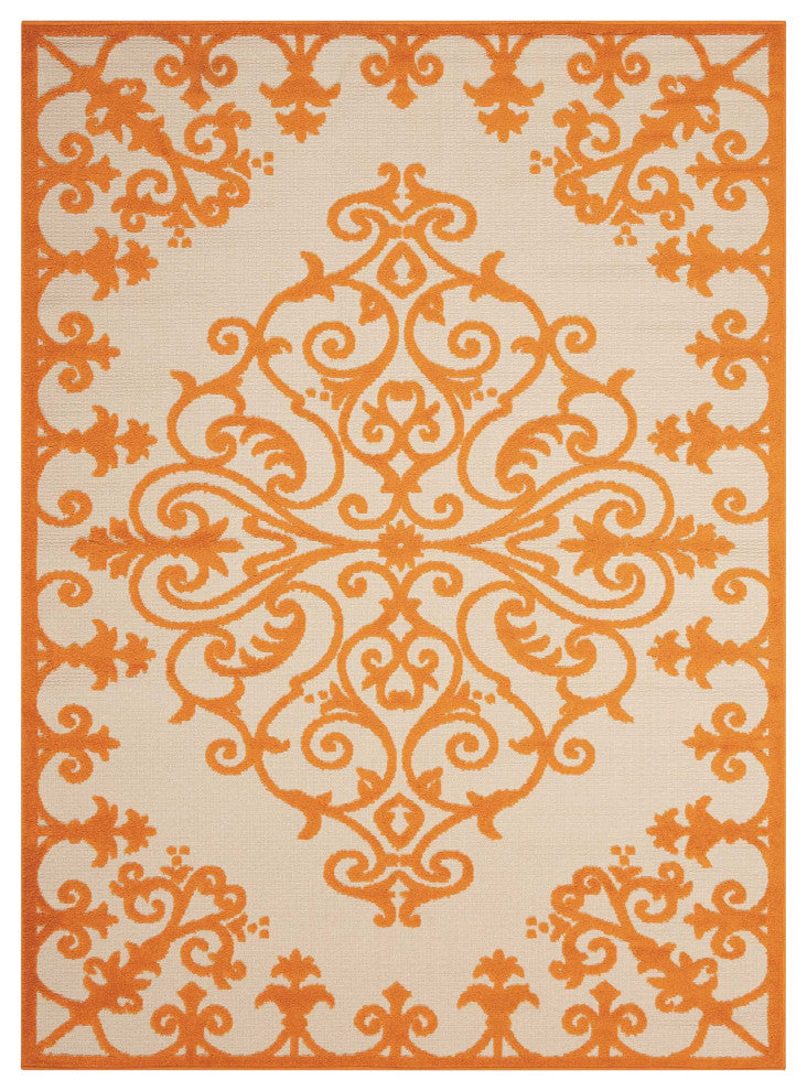 8' X 11' Orange And Ivory Damask Indoor Outdoor Area Rug