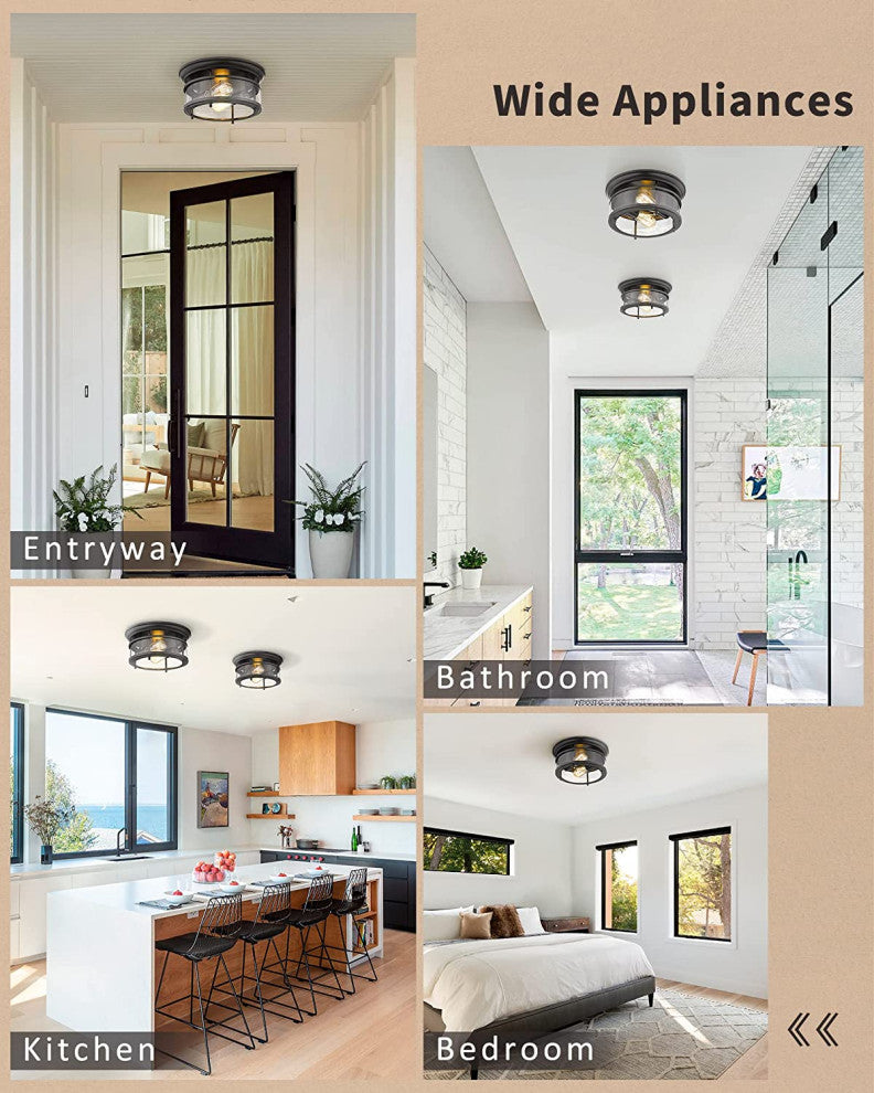 2 Light Ceiling Light, Industrial, Flush Mount Ceiling Lamp, Glass Shade
