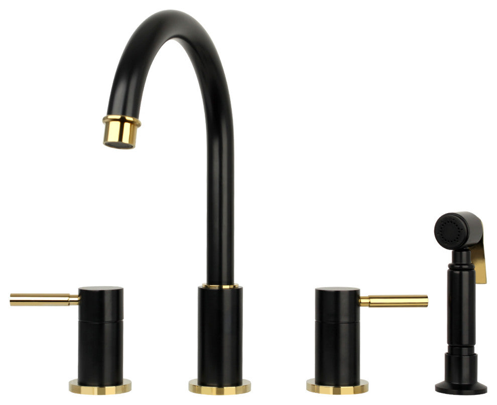 Two-Handles Copper Widespread Kitchen Faucet With Side Sprayer, Matte Black & Gold