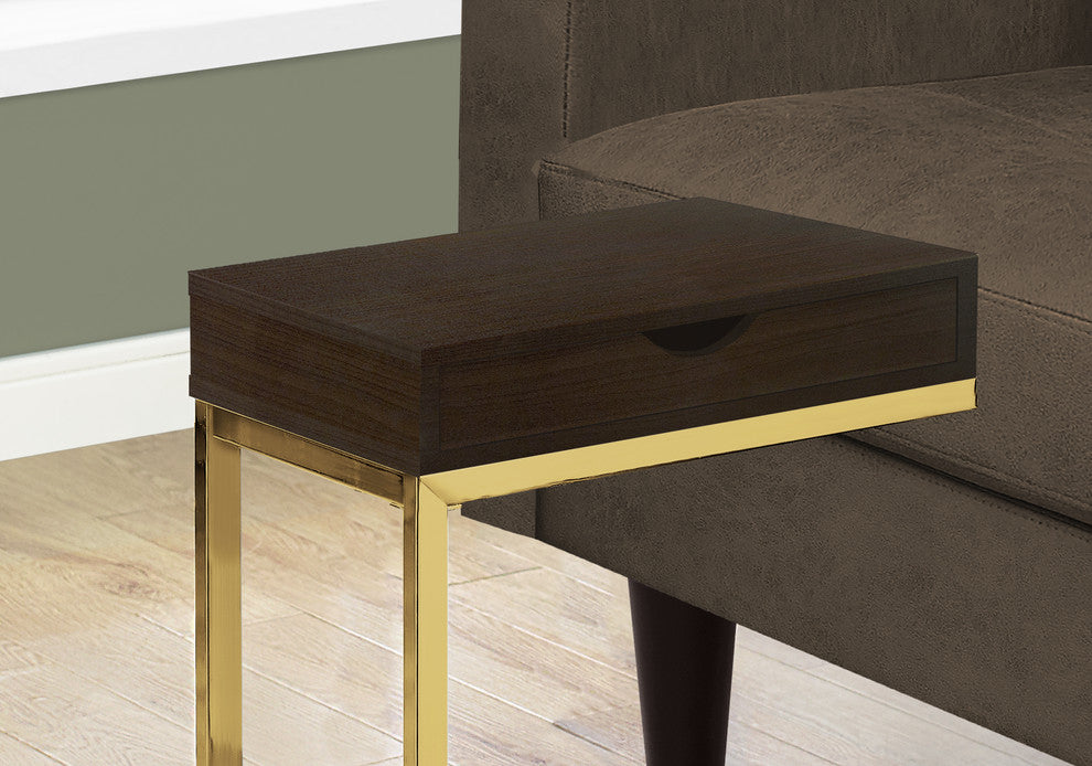 Accent Table, C-Shaped, Storage Drawer, Metal, Laminate, Brown, Gold