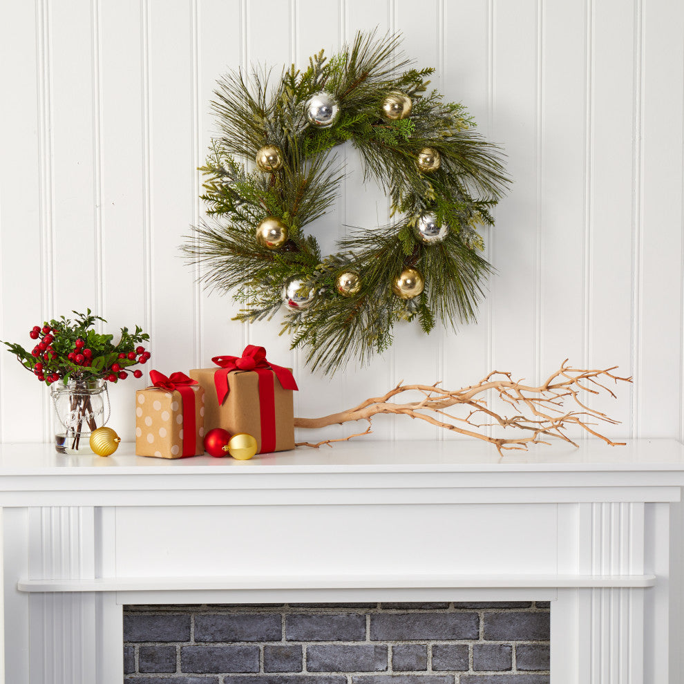 Nearly Natural 26ï¿½ Sparkling Pine Artificial Wreath with Decorative Ornaments