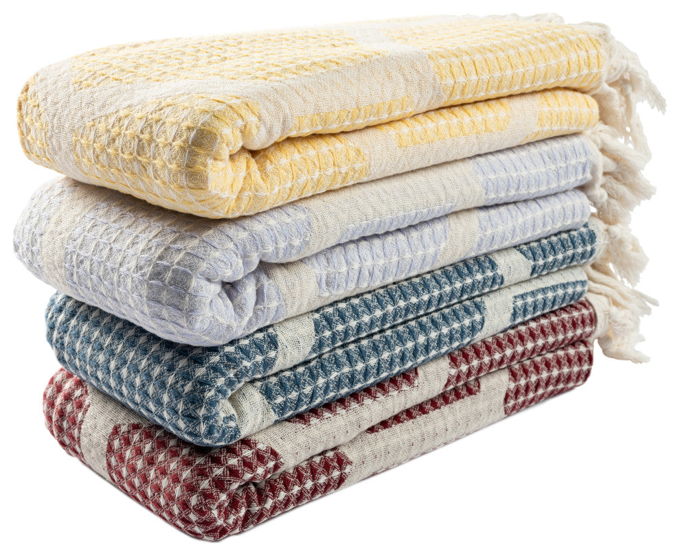 Blue/ Cream Geometric Turkish Organic Cotton Throw Blanket, Red