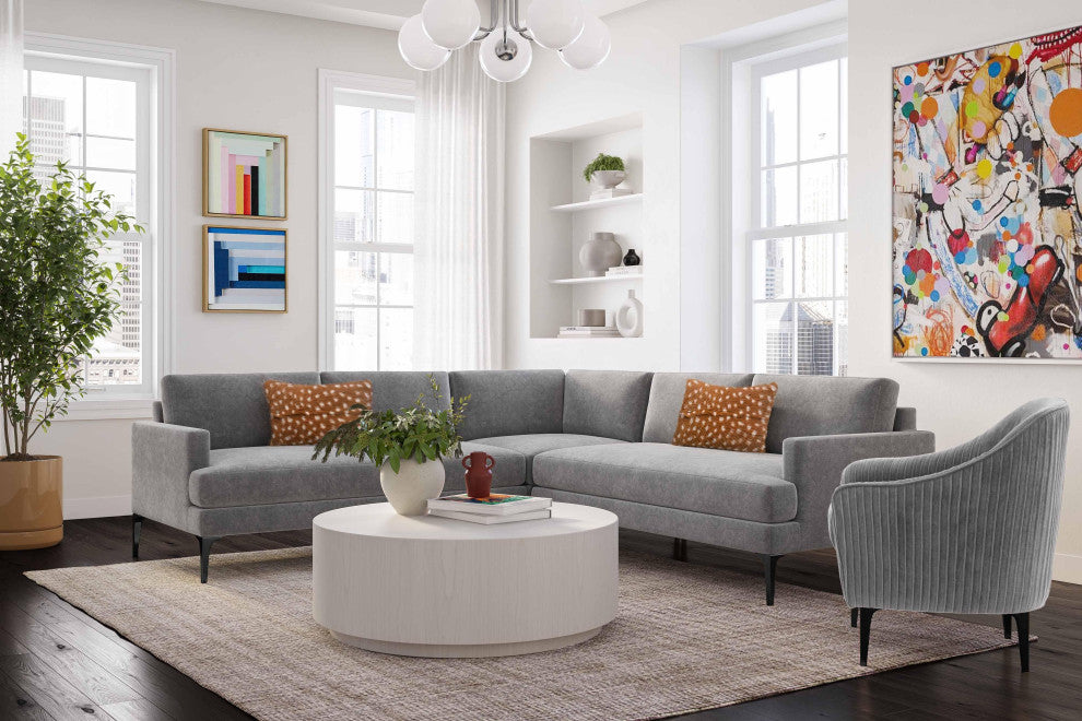 Serena Gray Velvet L-Sectional With Black Legs