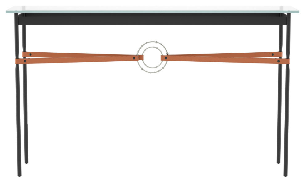 Equus Console Table, Black Finish - Sterling Accents - Chestnut Leather Strap