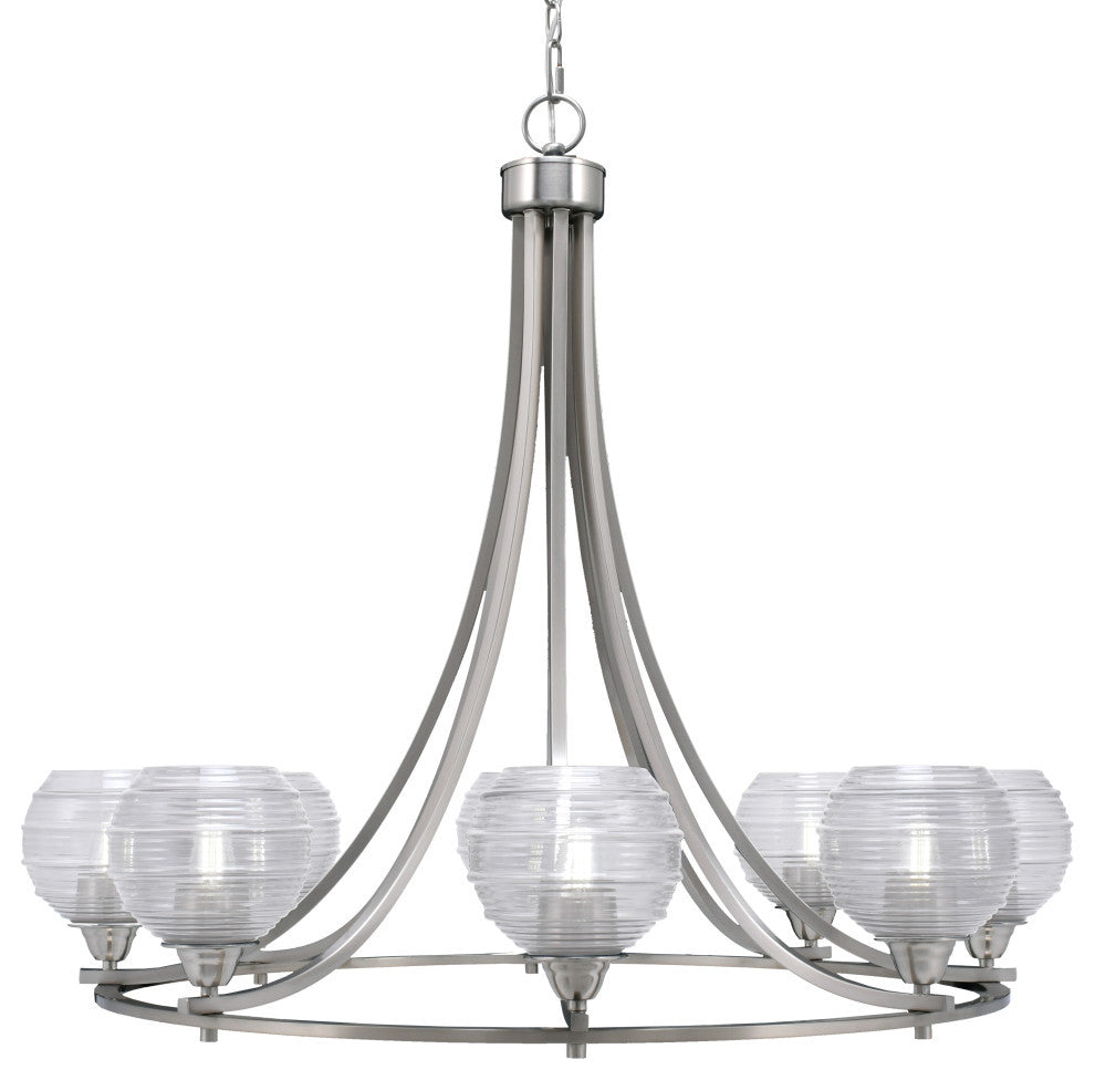 Paramount 8-Light Chandelier, Brushed Nickel, 6" Clear Ribbed Glass