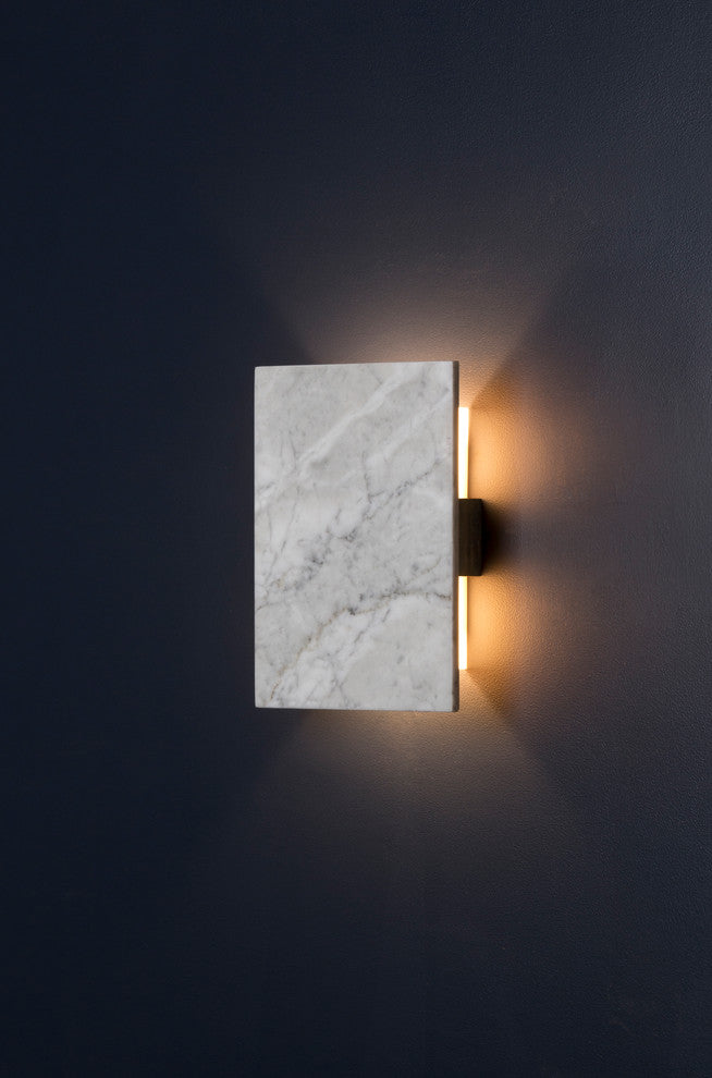 Tersus LED Wall Sconce, Dark Stained Walnut, Carrara Marble, Frosted Polymer