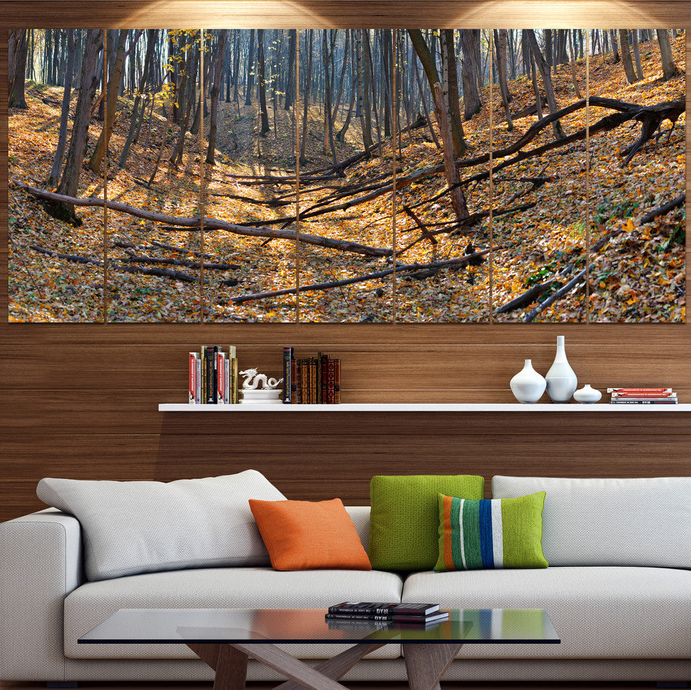 Thick Autumn Forest Panorama, Landscape Canvas Art Print, 83"x32", 7 Panels