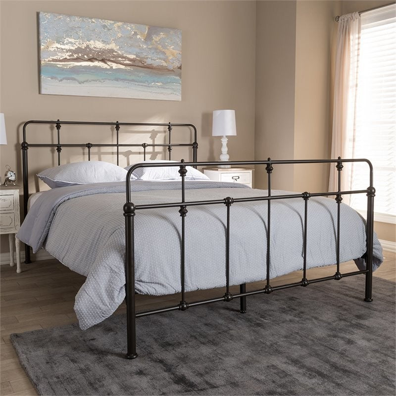 Ginette Vintage Industrial Antique Black Metal Platform Bed, Full