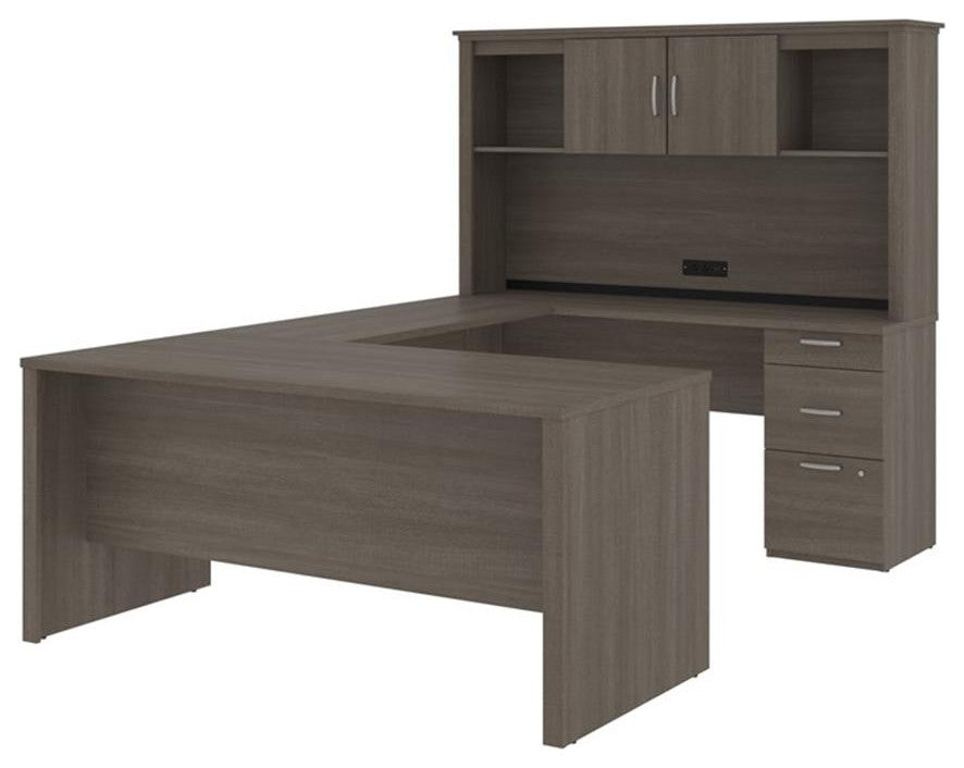 Bestar Logan Modern Wood U Shape Computer Desk with Hutch in Bark Gray