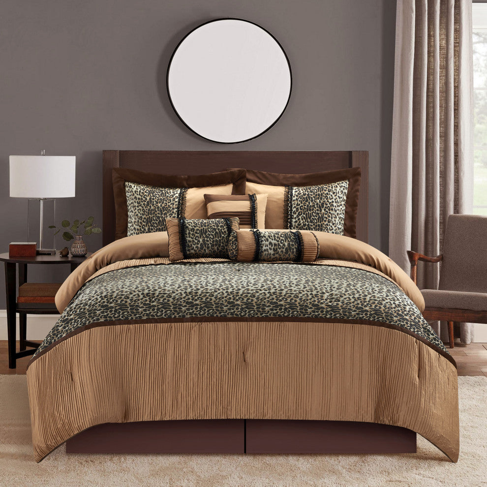 Sadie Leopard Print 7-Piece Comforter Set, Brown, King