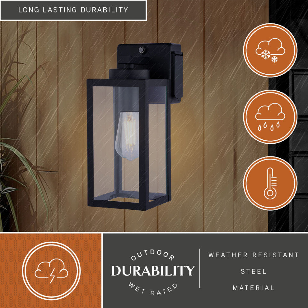 Lombard 1 Light Dusk to Dawn Black Outdoor Wall Lantern, Integrated GFCI Outlet