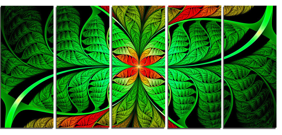 Fractal Green Leaf Design, Abstract Canvas Art Print, 60"x28", 5 Panels