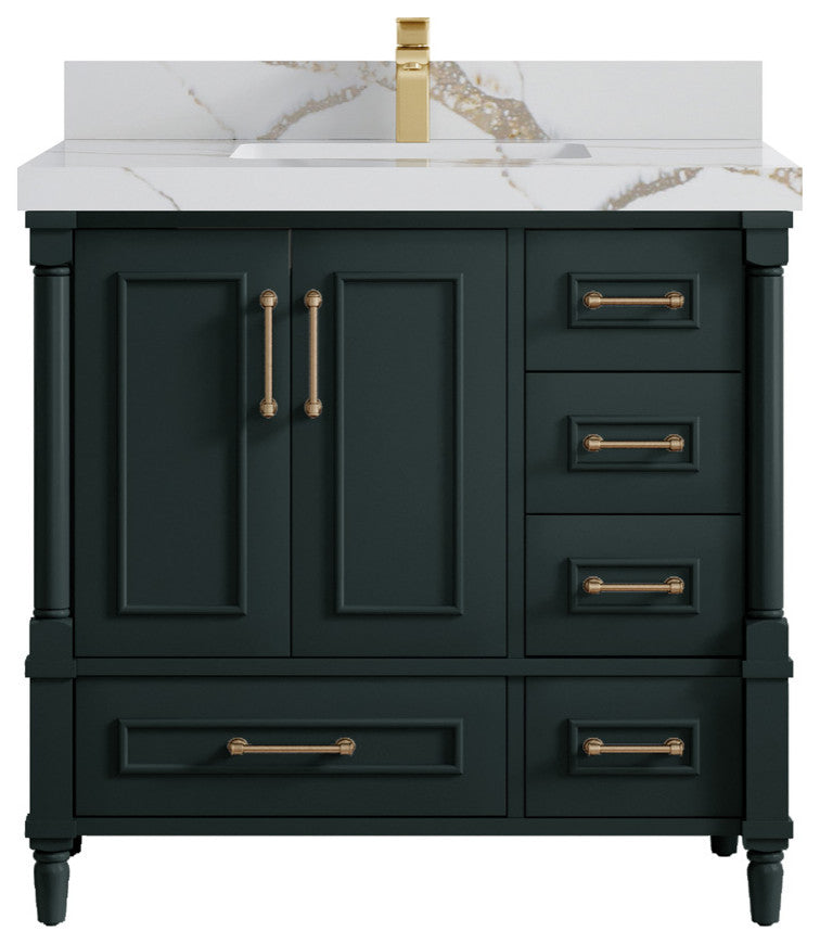 Aberdeen 36 Center Sink Bath Vanity in Dark Forest Green 2" Calacatta Gold