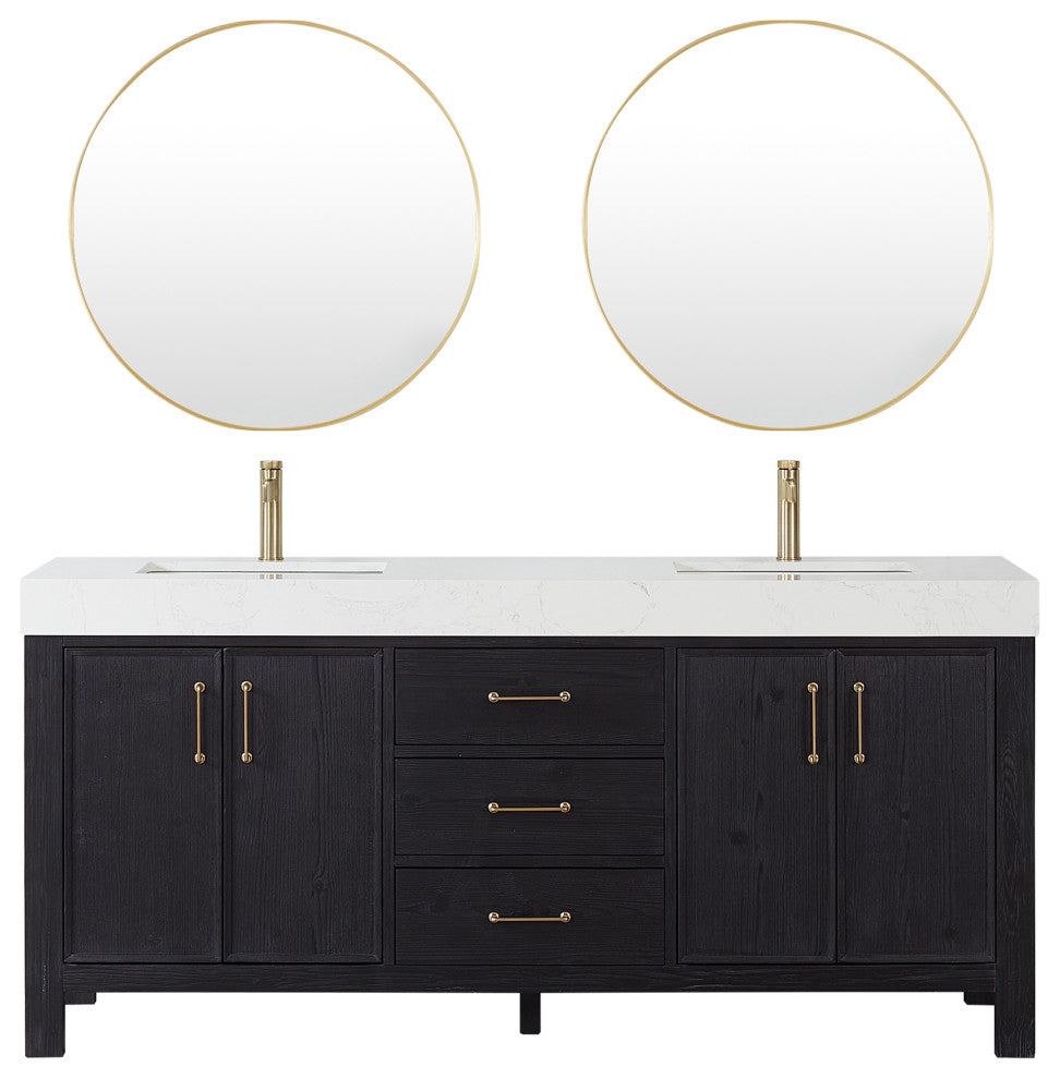 Leon Bath Vanity With Composite Stone Top, Fir Wood Black, 72", With Mirror