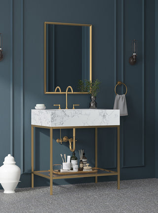 Marmo Bathroom Vanity, White, 30" Wide, Brushed Brass Finish