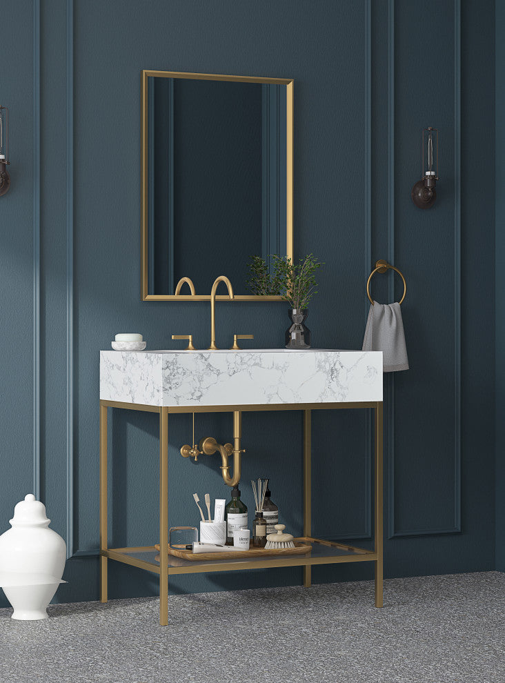 Marmo Bathroom Vanity, White, 30" Wide, Brushed Brass Finish
