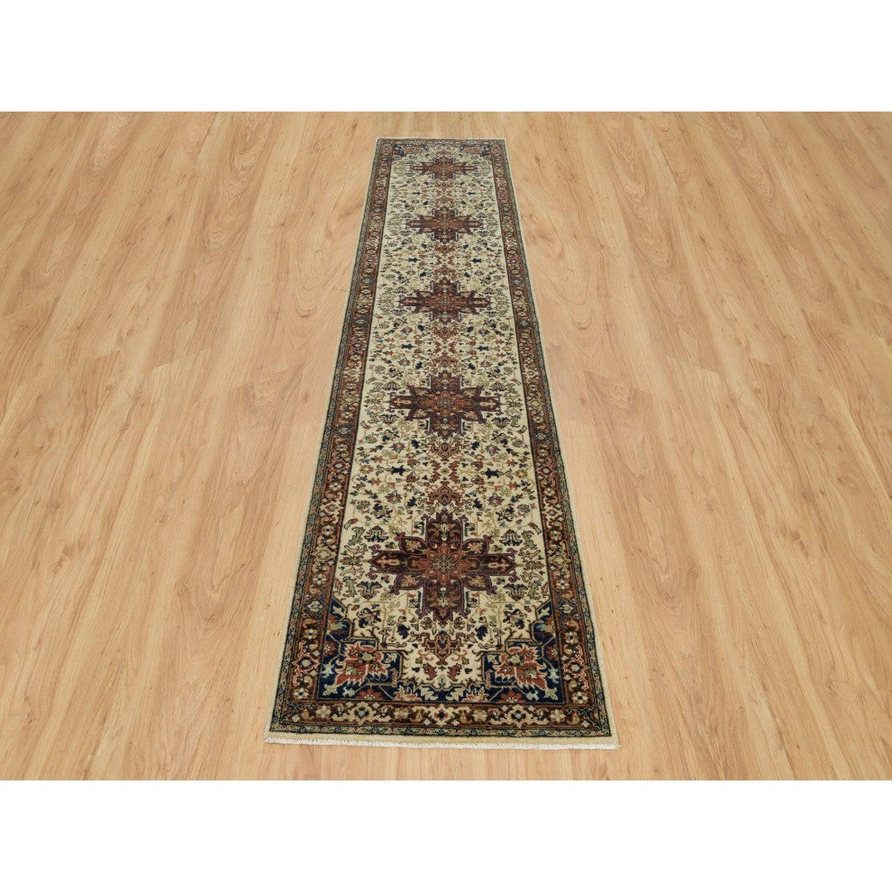 Chiffon Beige Heris Re-Creation Natural Wool Hand Knotted Runner Rug  2'6"x12'3"