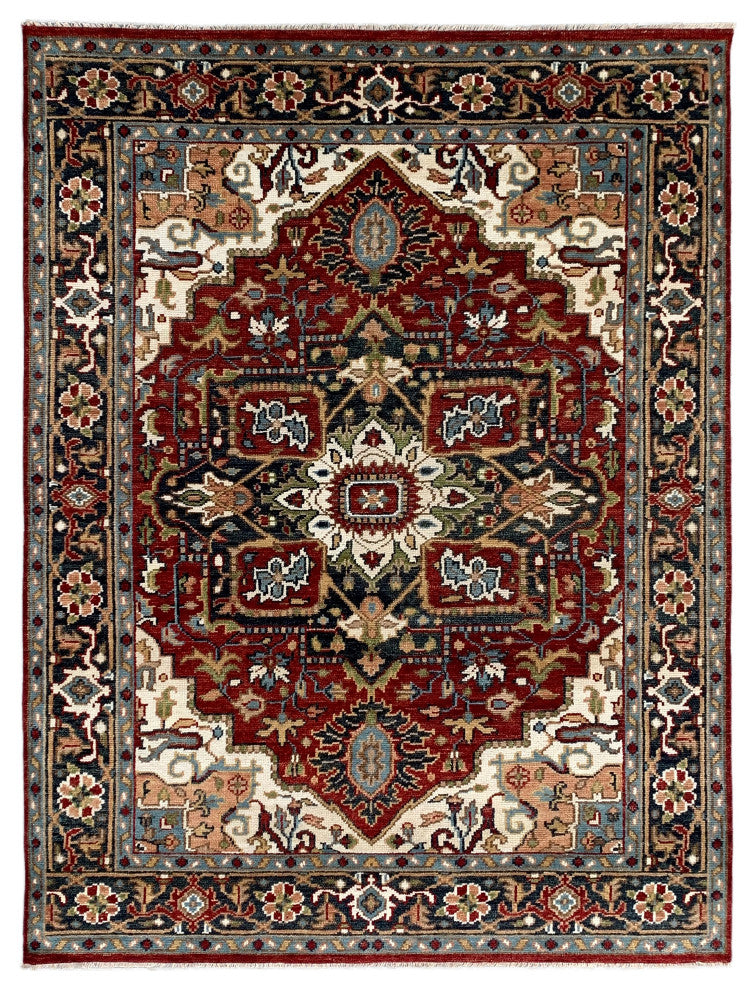 Hand Knotted Wool Red/Navy Traditional Classic Heriz Serapi Rug, 6'x9'