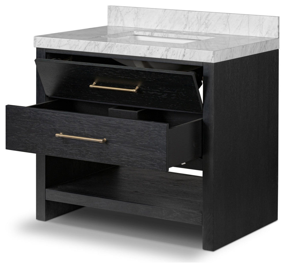 Anthem Single Vanity 36", Carrara Marble, Black Wash Oak Veneer, Brushed Brass