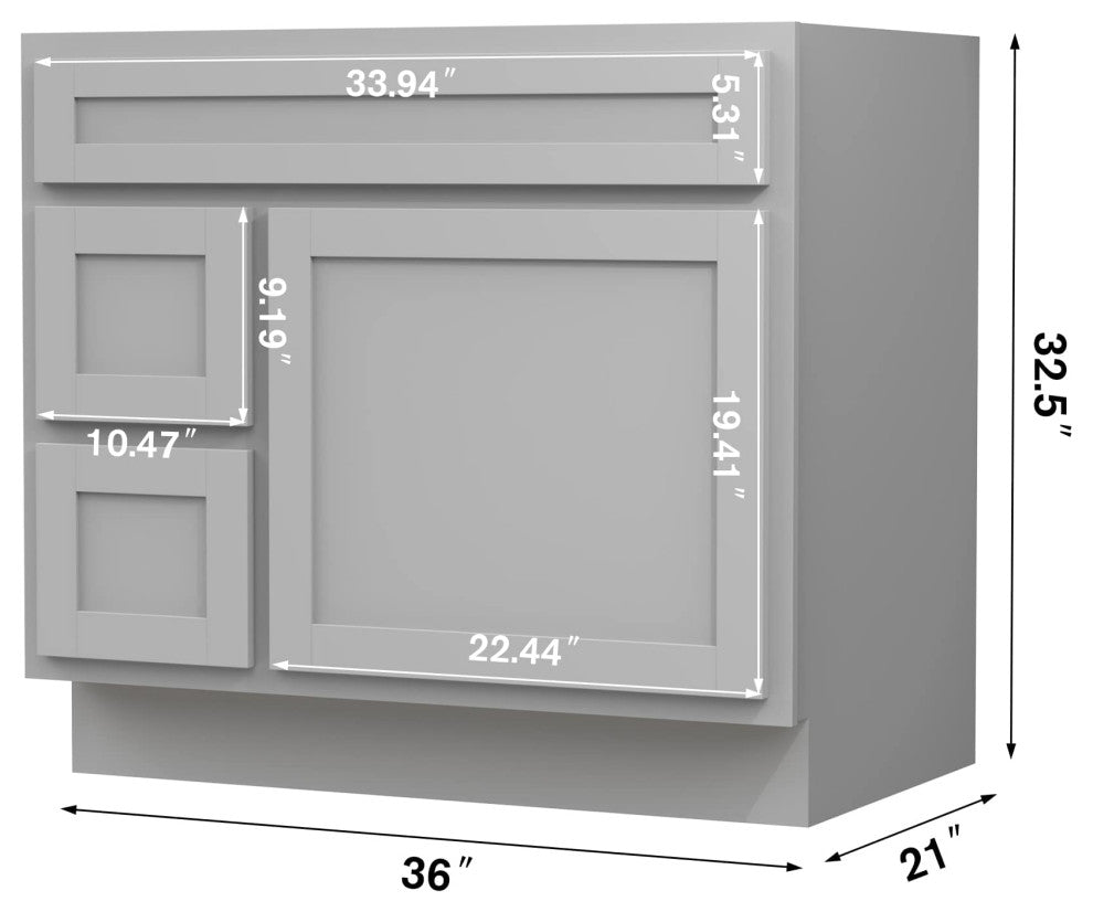 Vanity Art Vanity Base Cabinet, No Top, Drawers on Left, 36", Gray