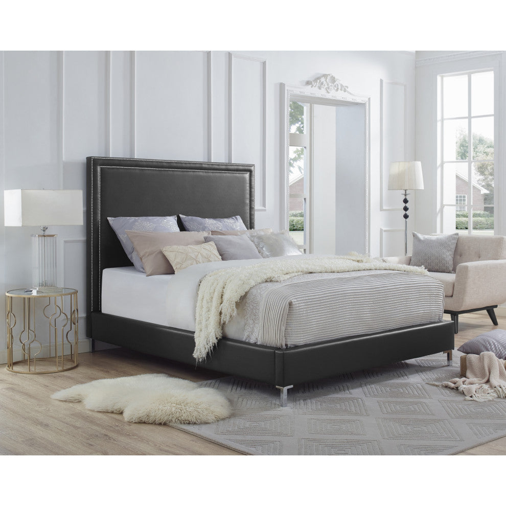 Giovanna Nailhead Trim Platform Bed, Black Leather Pu, King