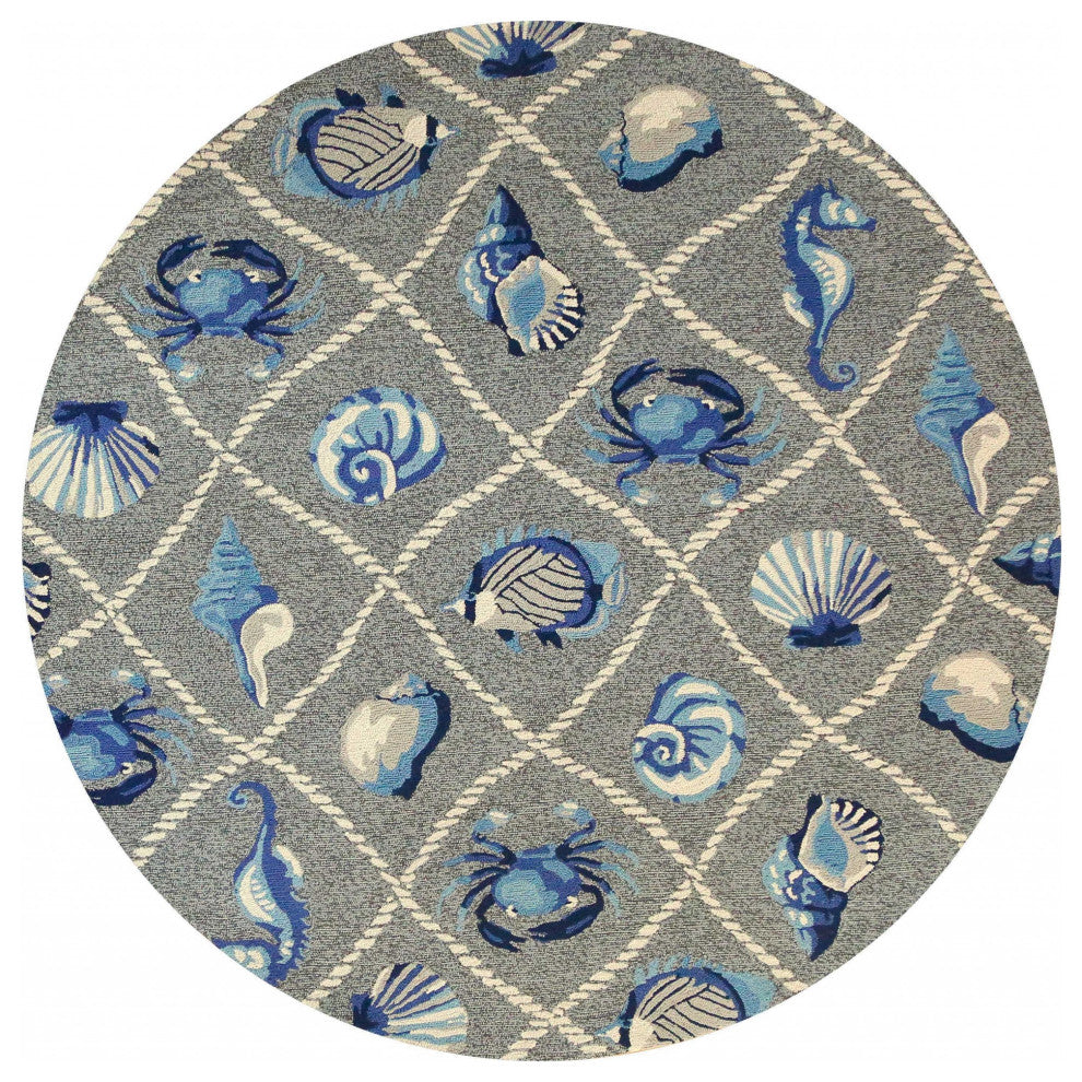 8' Grey Hand Hooked Uv Treated Coastal Sea Life Round Indoor Outdoor Area Rug
