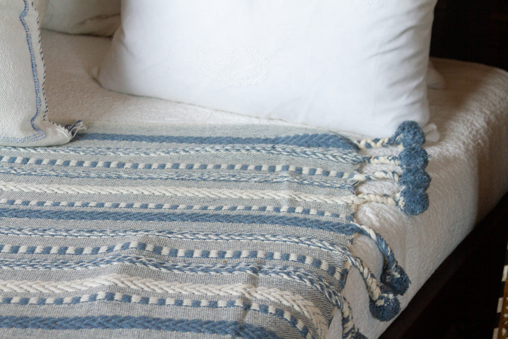 Azul Hand-Loomed Cotton Pom-Pom Throw