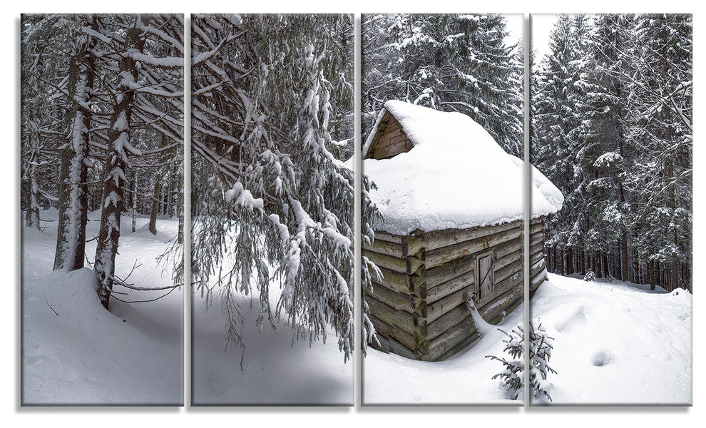 House in Magic Winter Forest, Landscape Canvas Art Print, 48"x28", 4 Panels