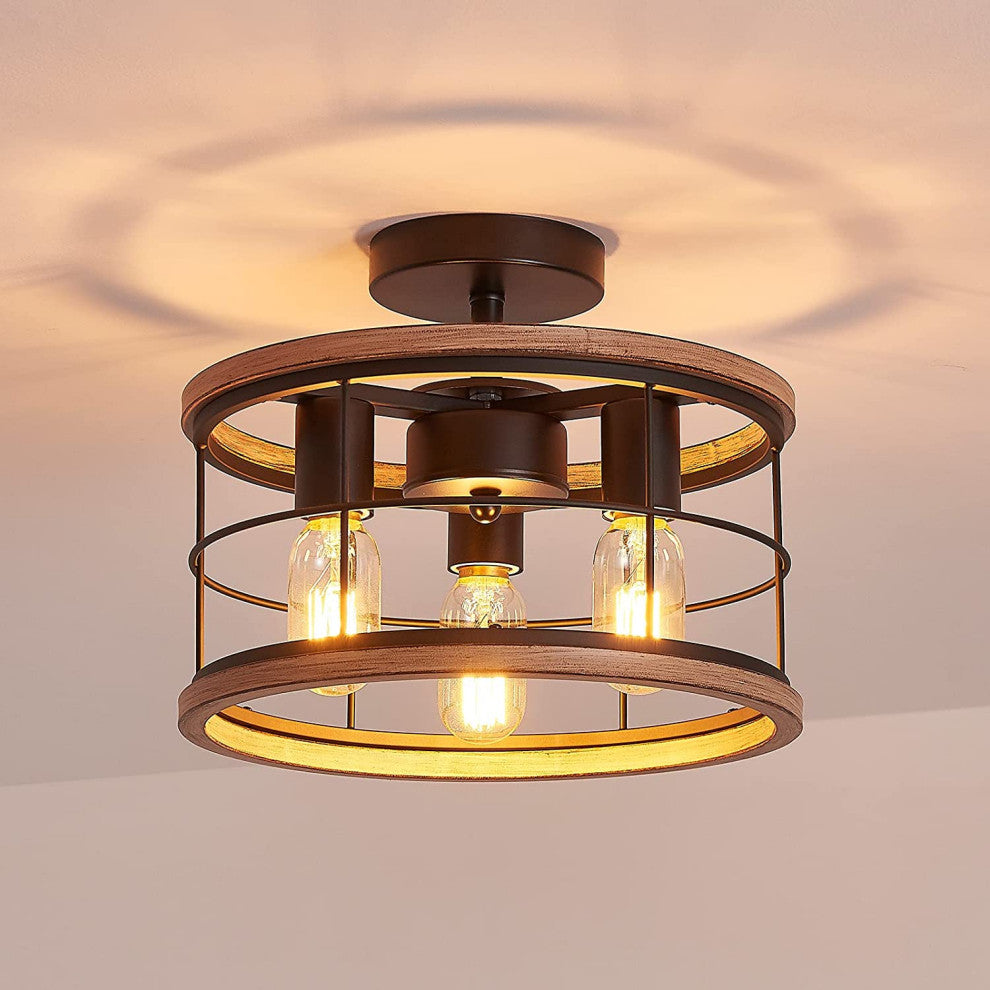 3 Light Industrial Semi Flush Mount Ceiling Lamp Vintage Farmhouse Wood Cage