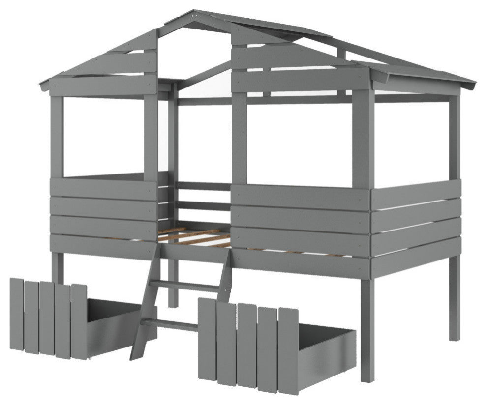 Twin Size Loft Bed With Two Drawers Windows And Roof Design Gray