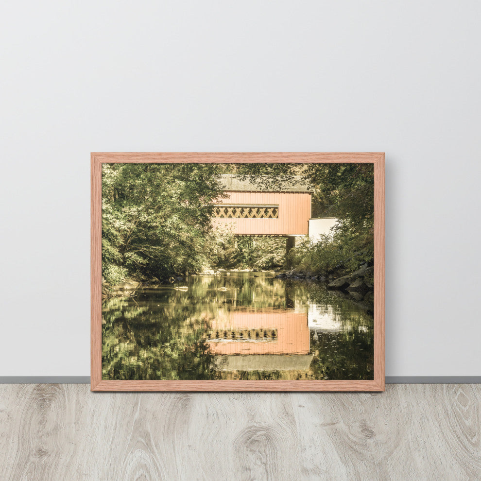 The Reflections of Wooddale Covered Bridge Aged Framed Photo Wall Art Print, Red Oak, 16" X 20"
