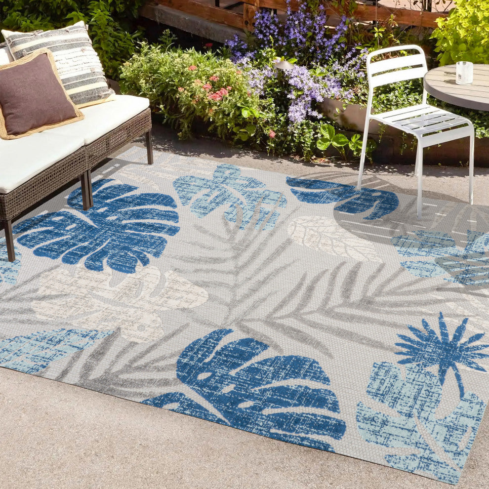Monstera Tropical Leaf High-Low Indoor/Outdoor Area Rug, Light Gray/Navy, 3 X 5