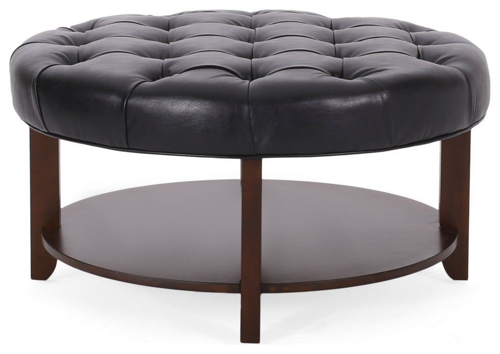 Baynes Faux Leather Tufted Wood Round Ottoman, Open Shelf, Midnight + Espresso