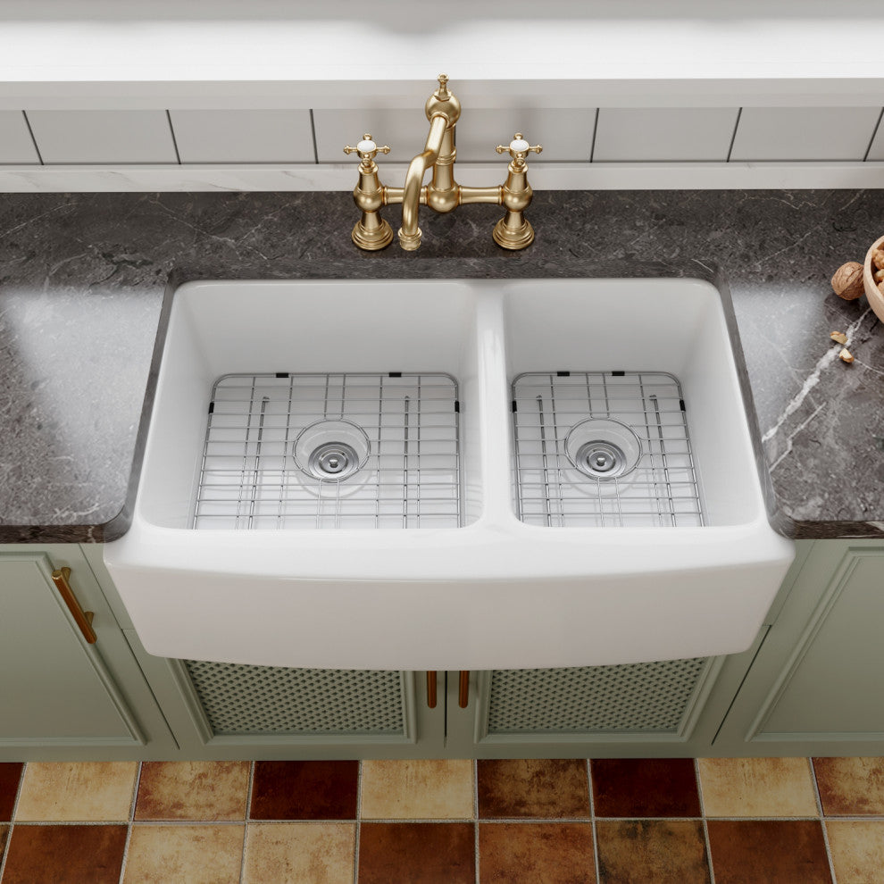 33" X 21" Double Basin Farmhouse Kitchen Sink with Sink Grid and Basket Strainer