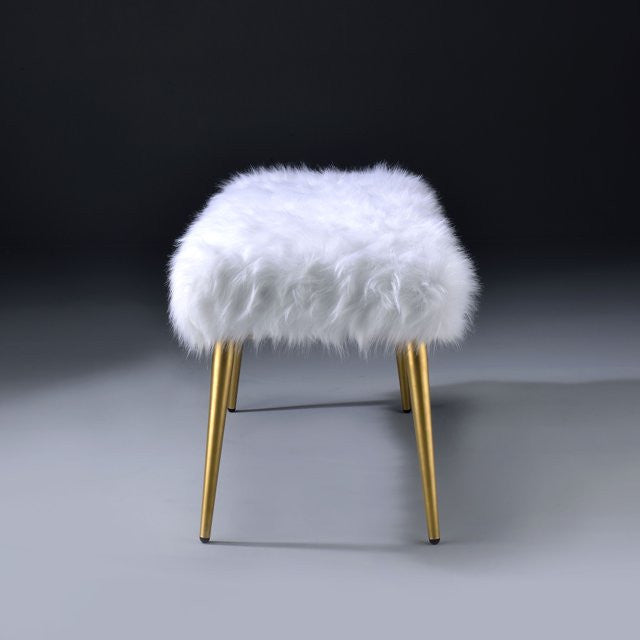 Modern White Accent Bench with Gold Metal Legs and Comfortable Faux Fur Seat