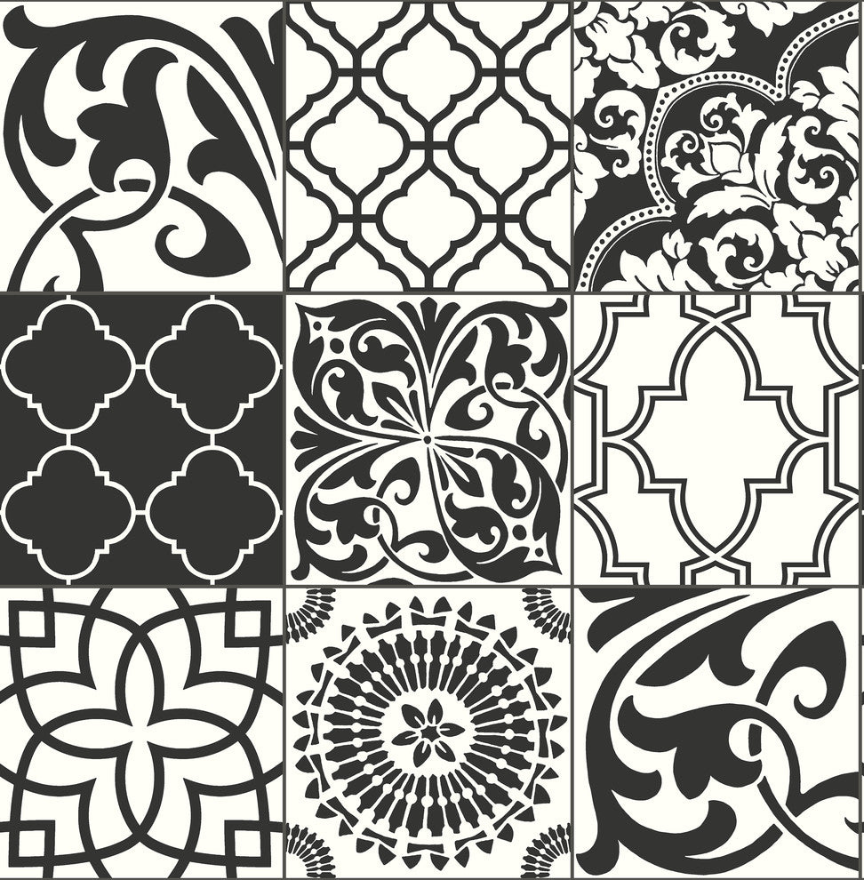 NextWall Black and White Graphic Tile Peel and Stick Wallpaper