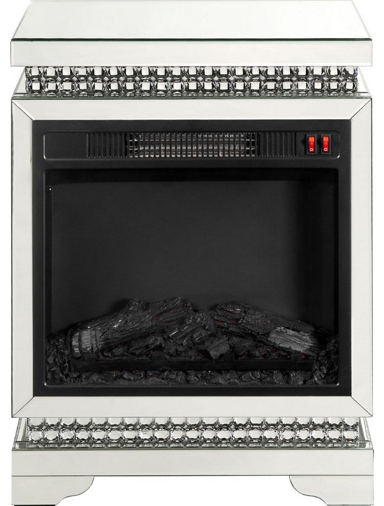 Benzara BM250304 Electric Fireplace, Mirror Panel Framing/Faux Diamonds Silver