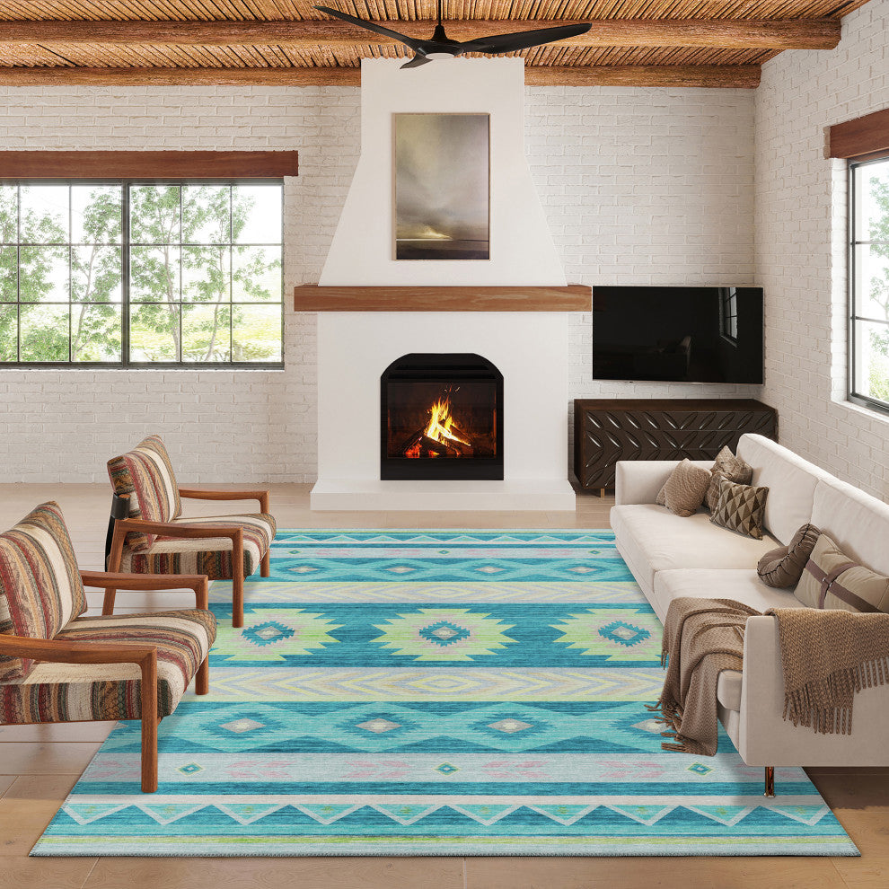 Indoor/Outdoor Phoenix PH3 Teal Machine Washable 5' x 7'6" Rug