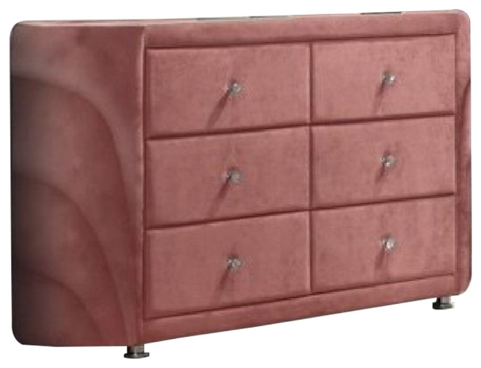 Benzara BM275662 Modern Side Dresser, 6 Drawers, Round Metal Knobs, Velvet, Pink