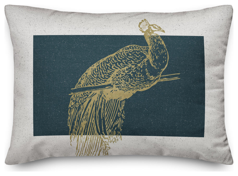 Gold Line Art Peacock 2 14x20 Spun Poly Pillow